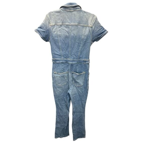 Good American Denim Short Sleeve Jumpsuit Size 4 Zip Front Flare Legs Blue - Picture 6 of 16